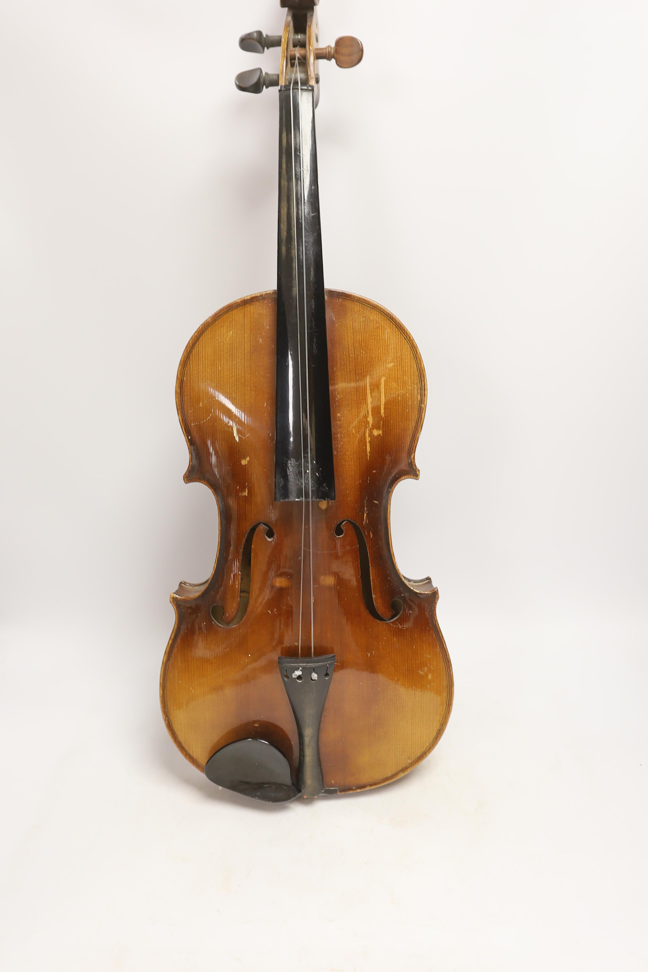 A German Strad violin, back measures 39.5cm, with bow